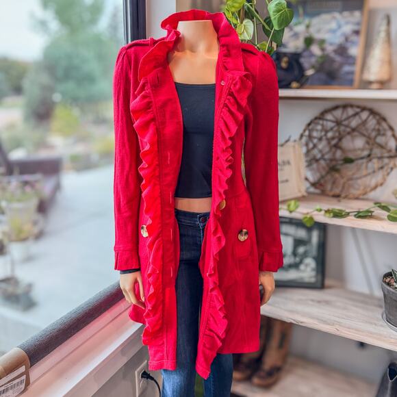 Luii Anthropologie Red Wool Ruffled Button Up Autumn Jacket Dress, Women's Small - Picture 11 of 13